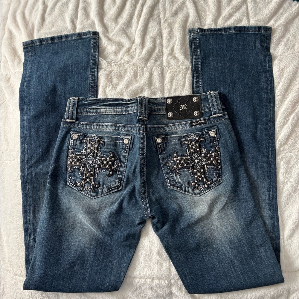 Miss Me Mid Rise Boot Cut Jeans with Embellished Pockets Sz 27 x 33